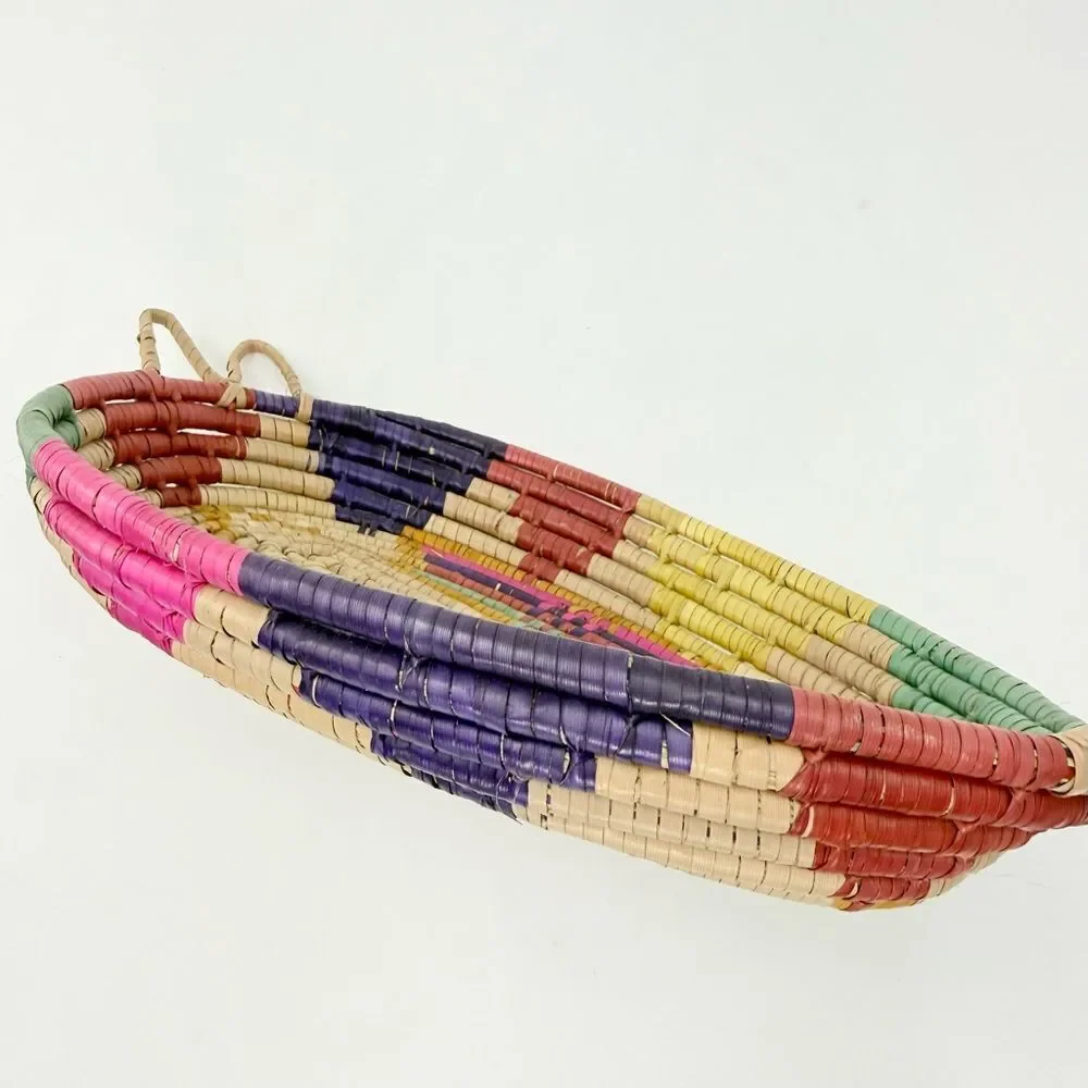 Colorful Woven Straw Oval Tray Basket Global Ethnic Tribal Southwestern